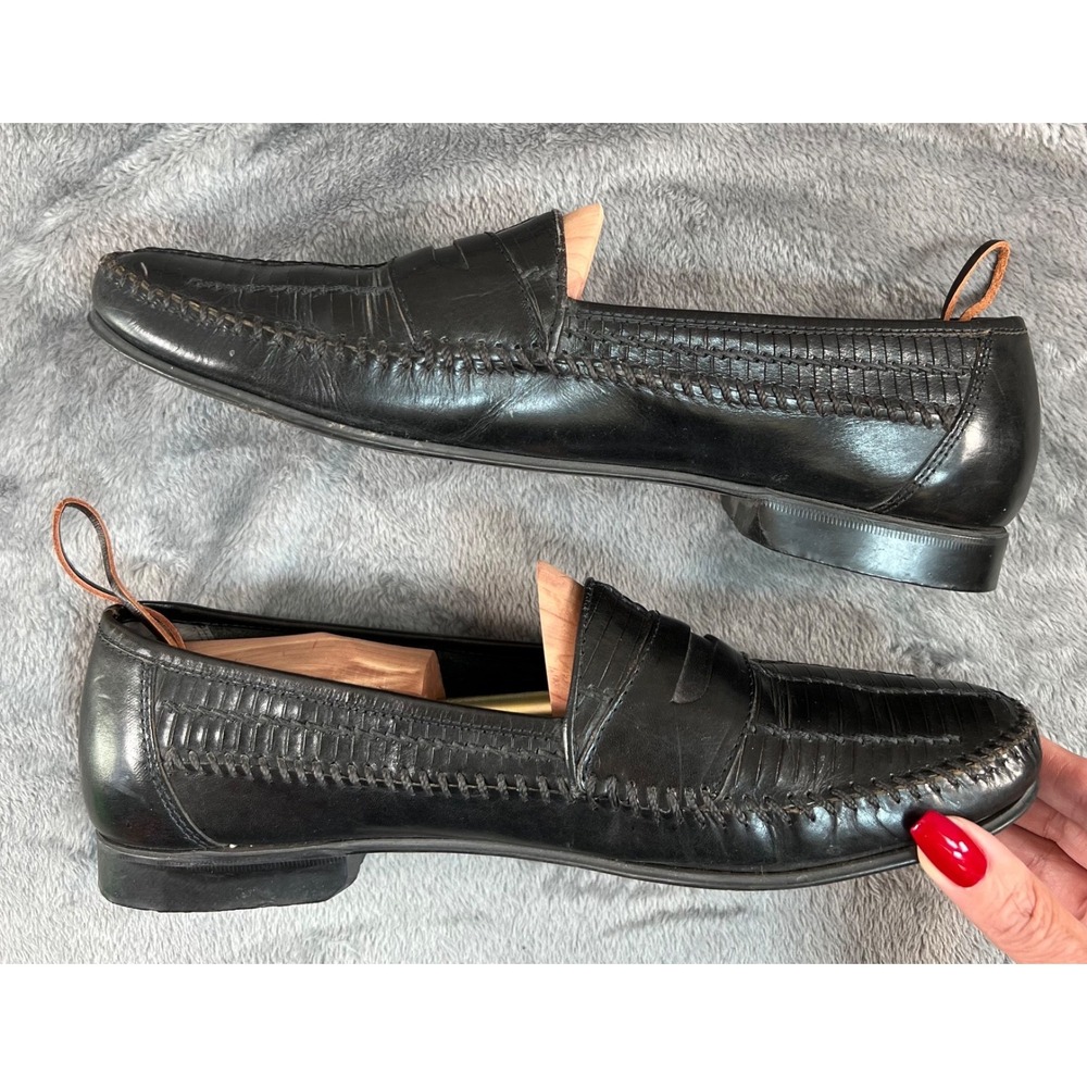 G. H. Bass & Co Penny Loafers Mens 11.5M Black Woven Leather Vtg Made in Brazil - Picture 3 of 11